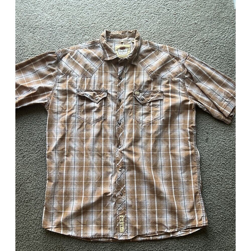 Larry Mahan Shirt Mens 2XL Brown Plaid Center Pearl Snap Long Sleeve Western